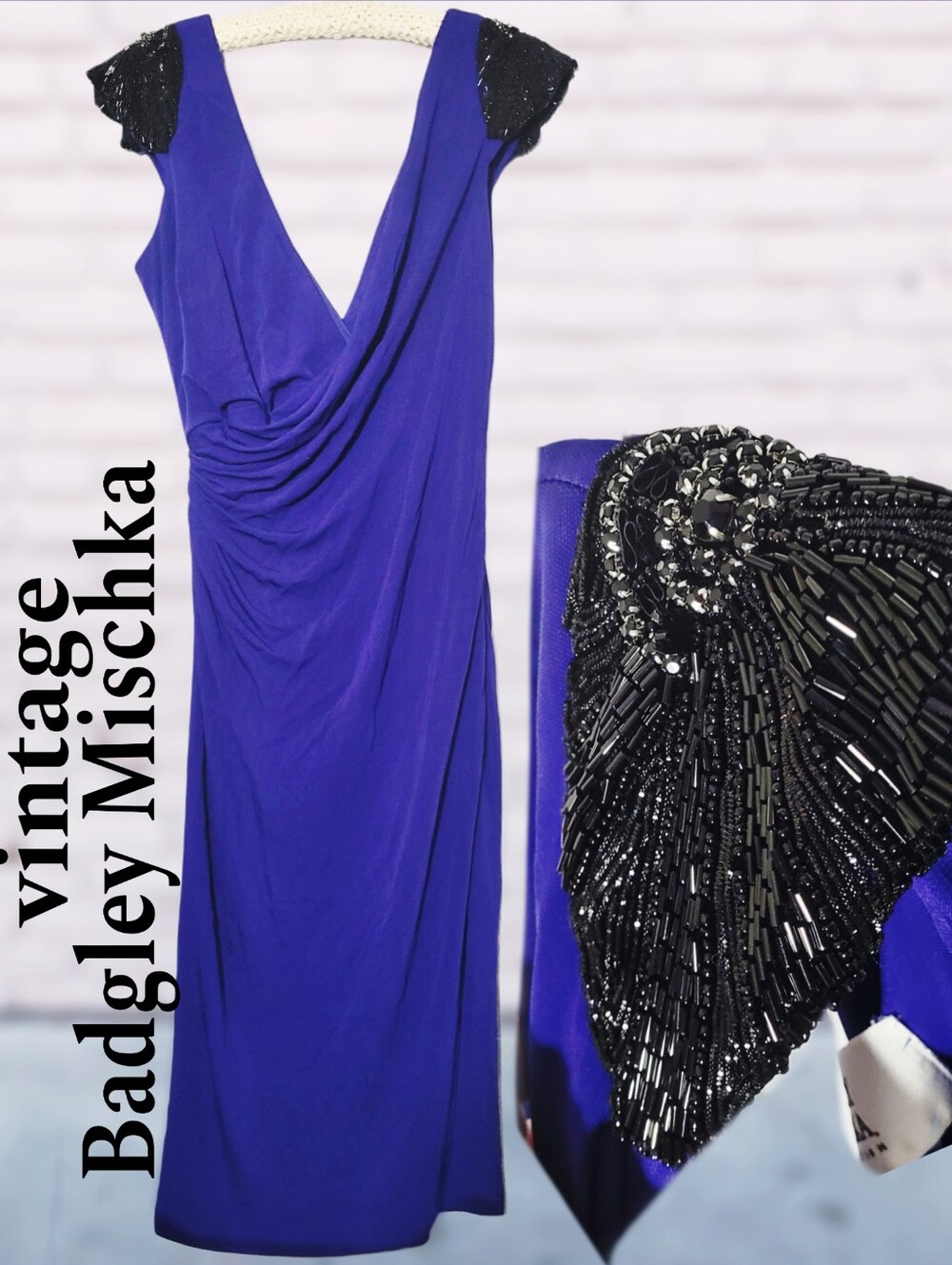 Badgley Mischka Draped Evening Dress with Intricate Embellished Beaded Shoulders